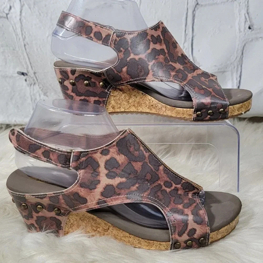 Jolimall Womens 9 Leopard Print Brown Wedge Summer Sandals Casual Comfy‎ Padded